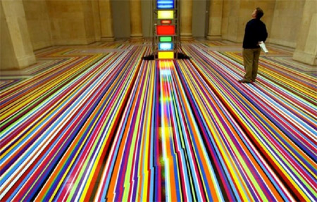 Striped Floor Art Installation with Colored Tape