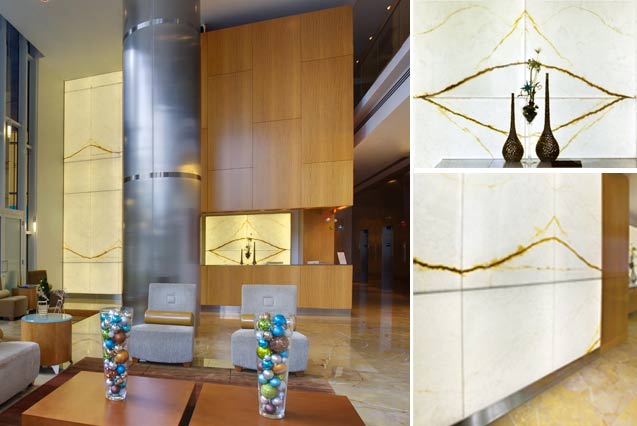 Backlit White Onyx Panels for the Feature Wall Reception Lobby at Signature Place